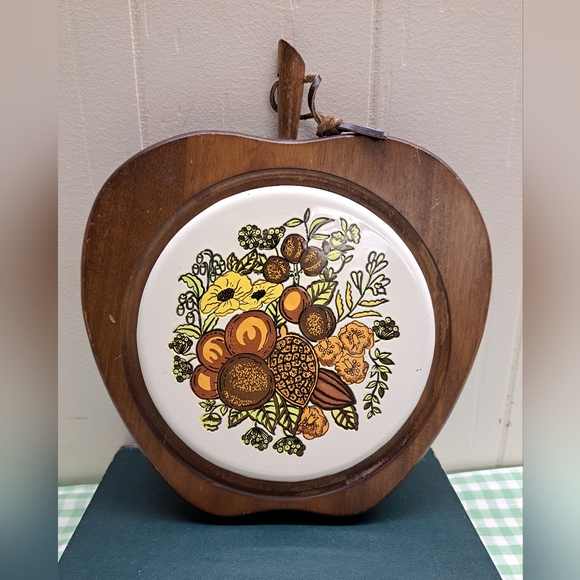 Other - Vintage 1970s Wooden & Tile Apple Shaped Trivet Orange Brown Yellow Florals